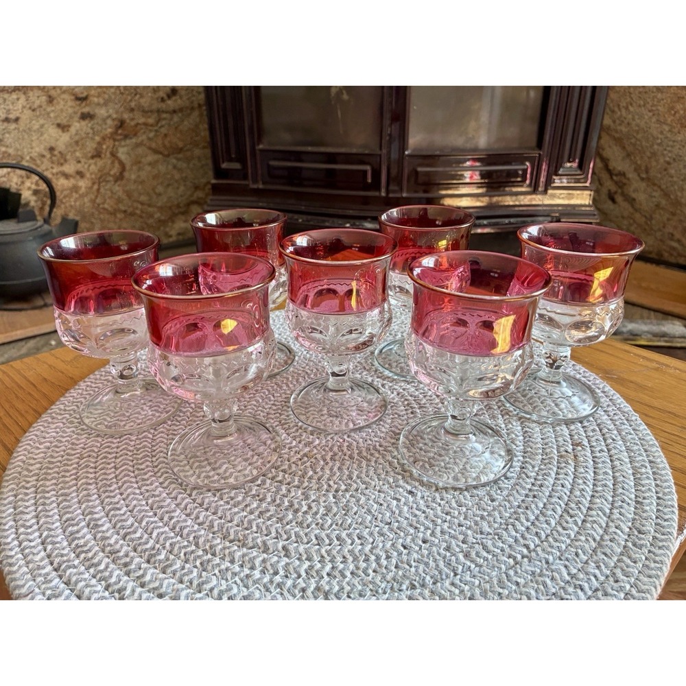 Vintage Tiffin Franciscan cordials in the Kings Crown pattern with ruby red rims
